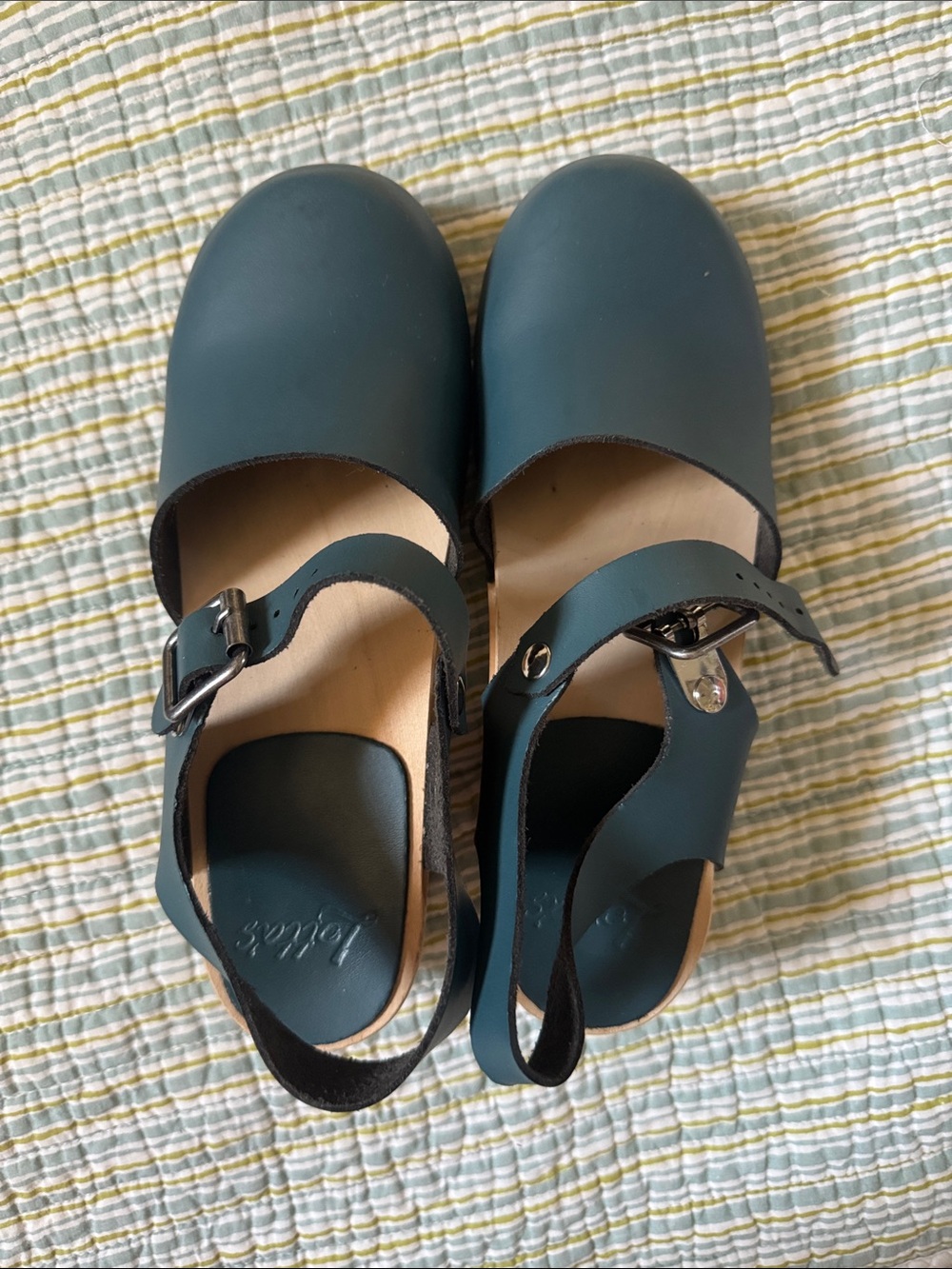 Lotta From Stockholm Teal Leather Closed-Toe Slingback Clogs with Buckle